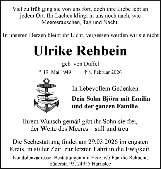 Traueranzeige von Ulrike Rehbein von Flensburger Tageblatt