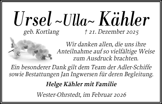 Traueranzeige von Ursel Kähler von Husumer Nachrichten, Nordfriesland Tageblatt