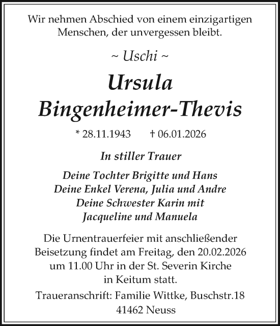 Traueranzeige von Ursula Bingenheimer-Thevis von Sylter Rundschau