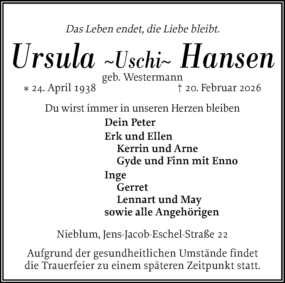  Traueranzeige für Ursula Hansen vom 27.02.2026 aus Der Insel-Bote