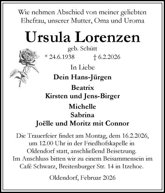 Traueranzeige von Ursula Lorenzen von Norddeutsche Rundschau, Wilstersche Zeitung, Glückstädter Fortuna