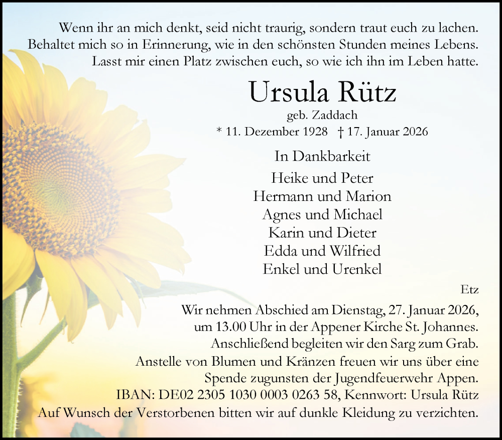  Traueranzeige für Ursula Rütz vom 24.01.2026 aus Region Pinneberg und tip Pinneberg