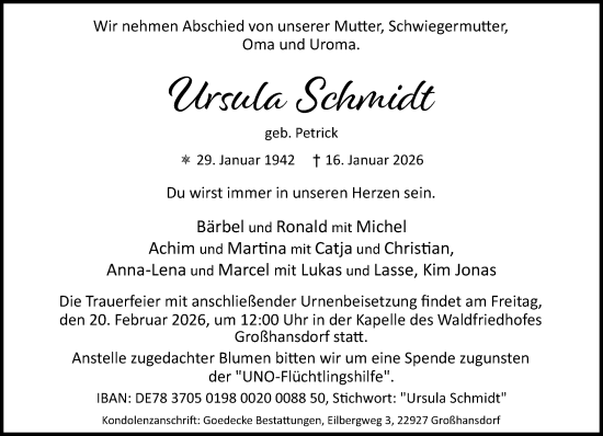 Traueranzeige von Ursula Schmidt von MARKT Ahrensburg/Bargteheide/Trittau und Stormarner Tageblatt