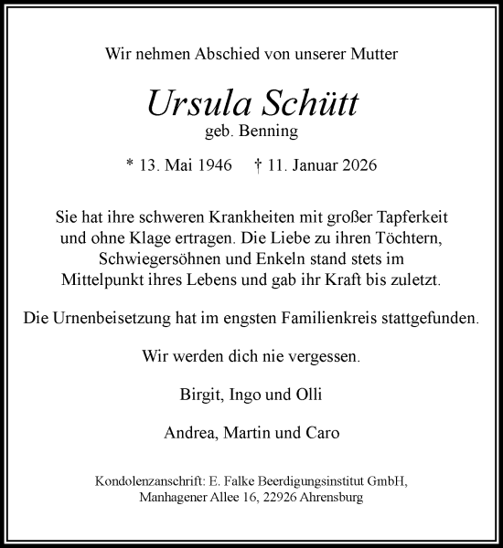 Traueranzeige von Ursula Schütt von MARKT Ahrensburg/Bargteheide/Trittau und Stormarner Tageblatt