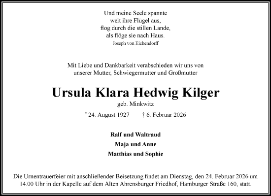 Traueranzeige von Ursula Klara Hedwig Kilger von MARKT Ahrensburg/Bargteheide/Trittau und Stormarner Tageblatt