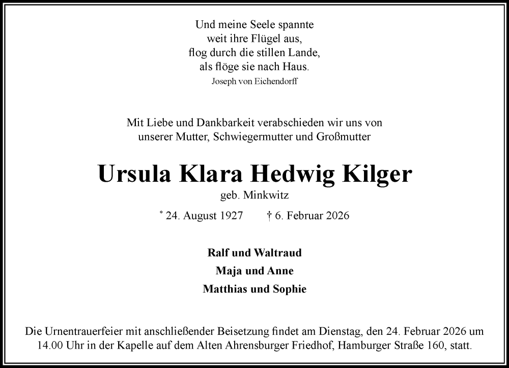  Traueranzeige für Ursula Klara Hedwig Kilger vom 21.02.2026 aus MARKT Ahrensburg/Bargteheide/Trittau und Stormarner Tageblatt