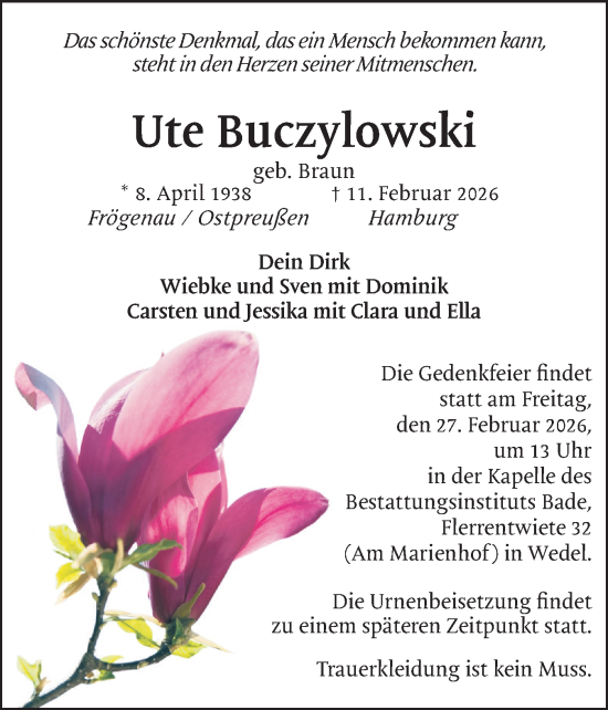 Traueranzeige von Ute Buczylowski von Wedel-Schulauer Tageblatt, tip Wedel-Schulauer Tageblatt, tip Rissener Rundschau