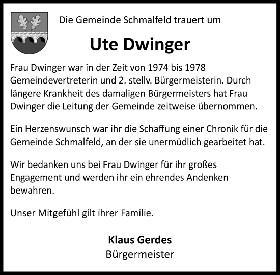 Traueranzeige von Ute Dwinger von Umschau