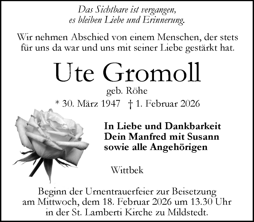  Traueranzeige für Ute Gromoll vom 14.02.2026 aus Husumer Nachrichten, Nordfriesland Tageblatt