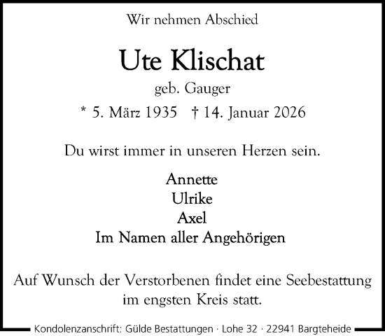 Traueranzeige von Ute Klischat von MARKT Ahrensburg/Bargteheide/Trittau und Stormarner Tageblatt