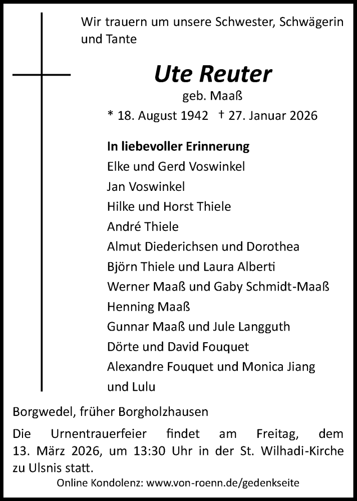  Traueranzeige für Ute Reuter vom 14.02.2026 aus Schleswiger Nachrichten, Schlei-Bote