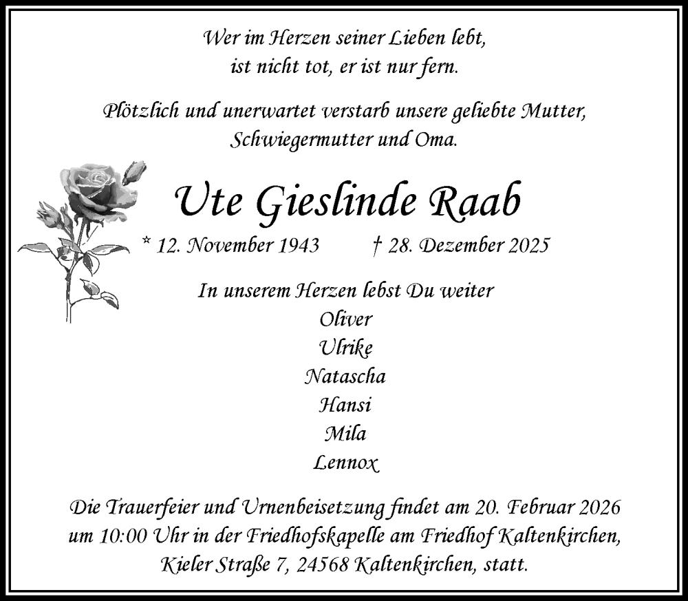  Traueranzeige für Ute Gieslinde Raab vom 14.02.2026 aus Umschau
