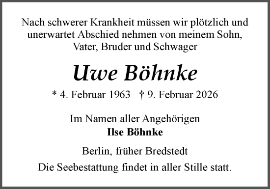 Traueranzeige von Uwe Böhnke von Husumer Nachrichten, Nordfriesland Tageblatt