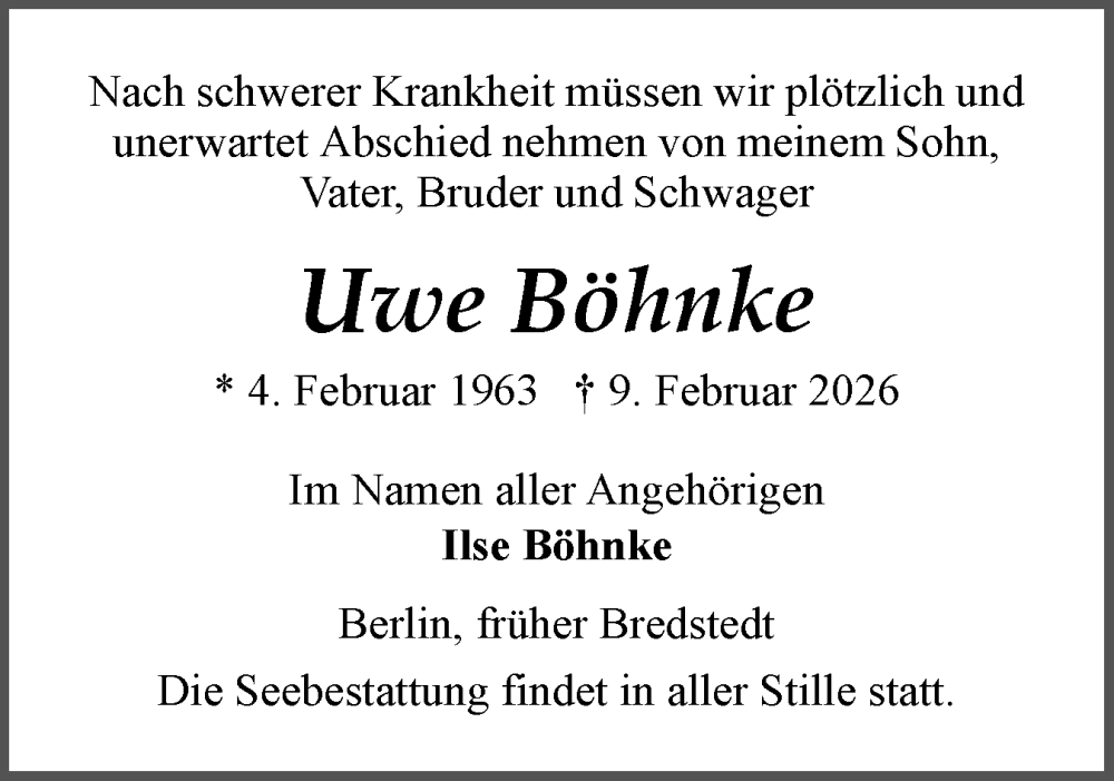  Traueranzeige für Uwe Böhnke vom 17.02.2026 aus Husumer Nachrichten, Nordfriesland Tageblatt