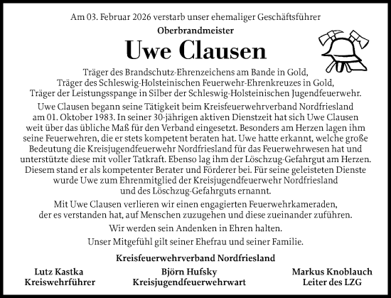 Traueranzeige von Uwe Clausen von Region Westküste