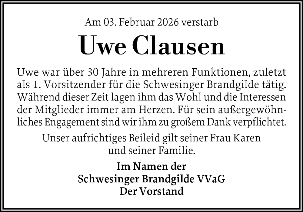  Traueranzeige für Uwe Clausen vom 07.02.2026 aus Husumer Nachrichten, Nordfriesland Tageblatt