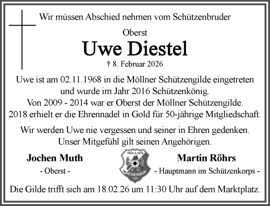 Traueranzeige von Uwe Diestel von MARKT Ratzeburg/Mölln