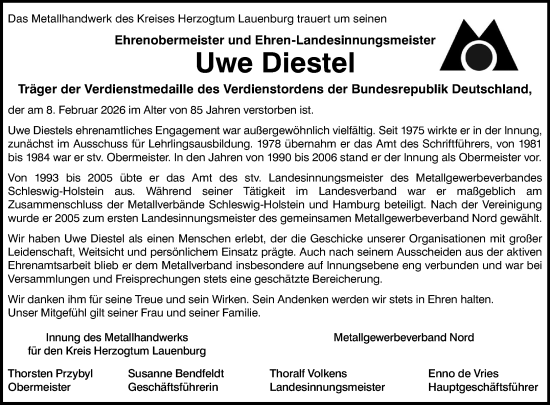 Traueranzeige von Uwe Diestel von MARKT Ratzeburg/Mölln