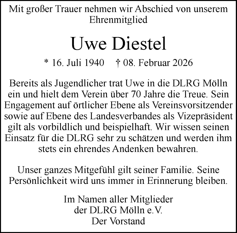  Traueranzeige für Uwe Diestel vom 14.02.2026 aus MARKT Ratzeburg/Mölln