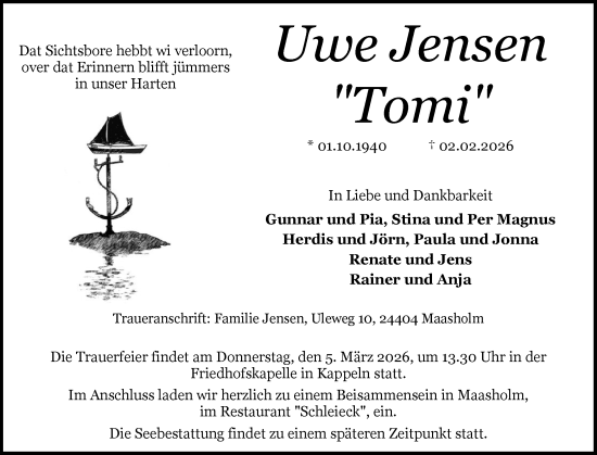 Traueranzeige von Uwe Jensen von Schleswiger Nachrichten, Schlei-Bote