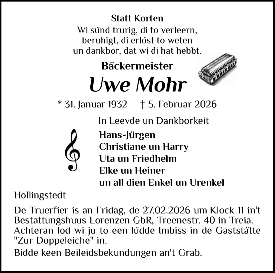 Traueranzeige von Uwe Mohr von Schleswiger Nachrichten, Schlei-Bote