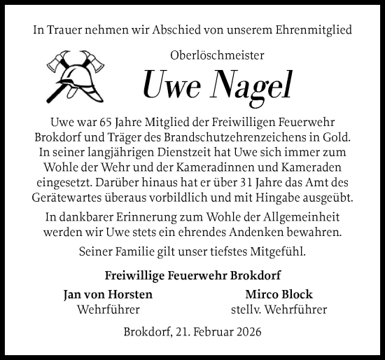 Traueranzeige von Uwe Nagel von Norddeutsche Rundschau, Wilstersche Zeitung, Glückstädter Fortuna