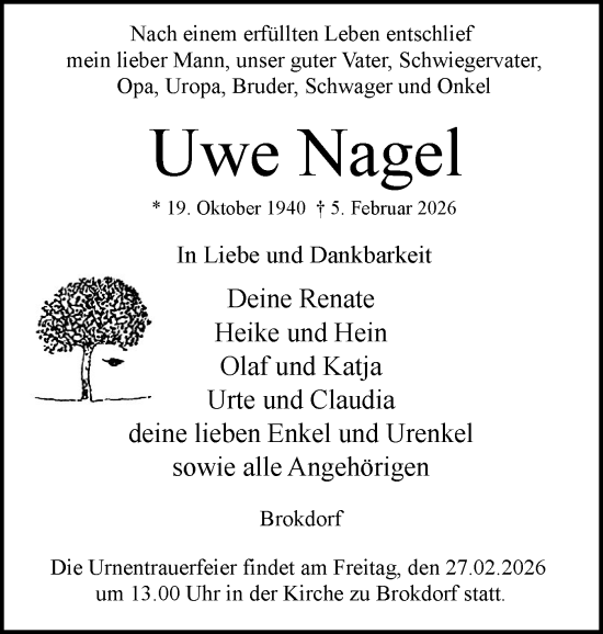 Traueranzeige von Uwe Nagel von Norddeutsche Rundschau, Wilstersche Zeitung, Glückstädter Fortuna