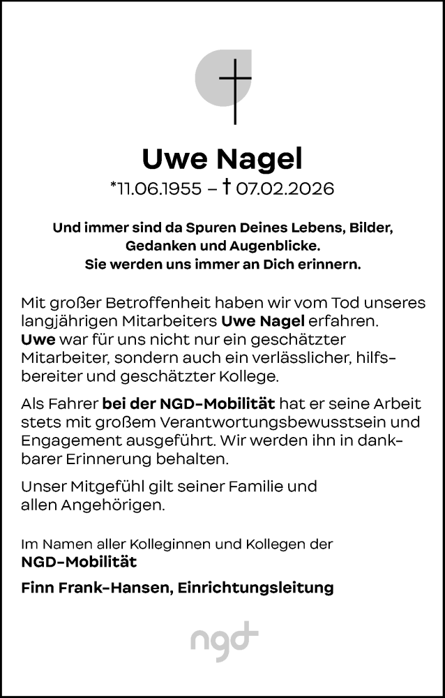  Traueranzeige für Uwe Nagel vom 21.02.2026 aus Eckernförder Zeitung