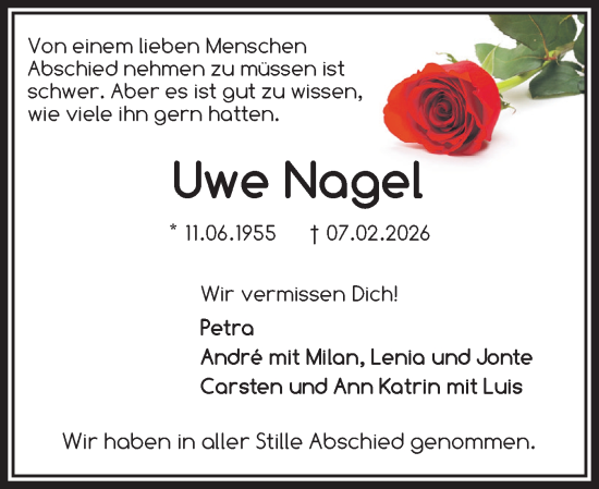 Traueranzeige von Uwe Nagel von Eckernförder Zeitung, Hallo Eckernförde