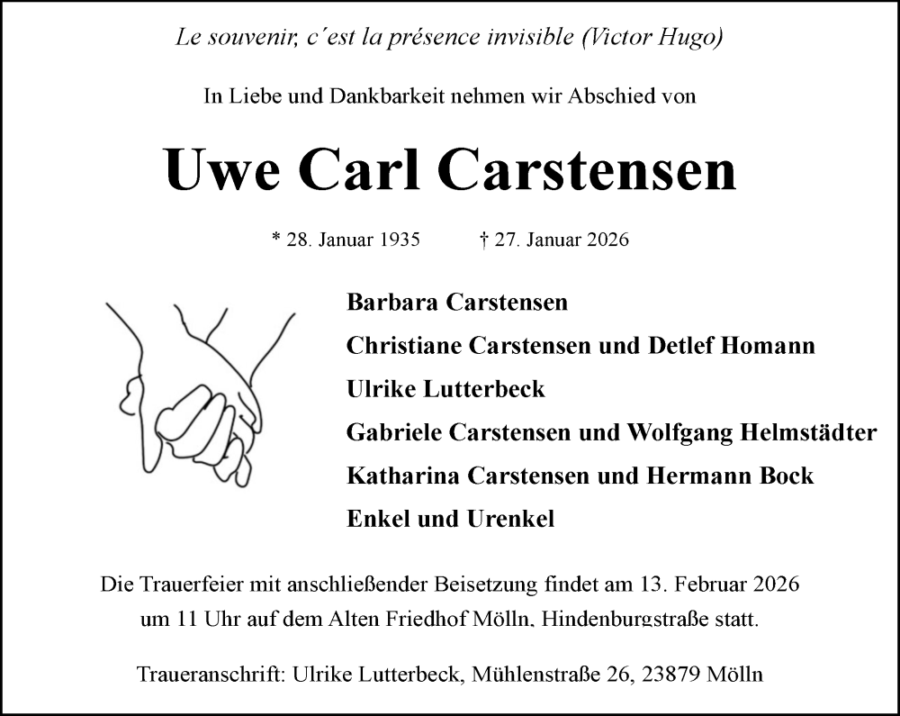  Traueranzeige für Uwe Carl Carstensen vom 07.02.2026 aus MARKT Ratzeburg/Mölln