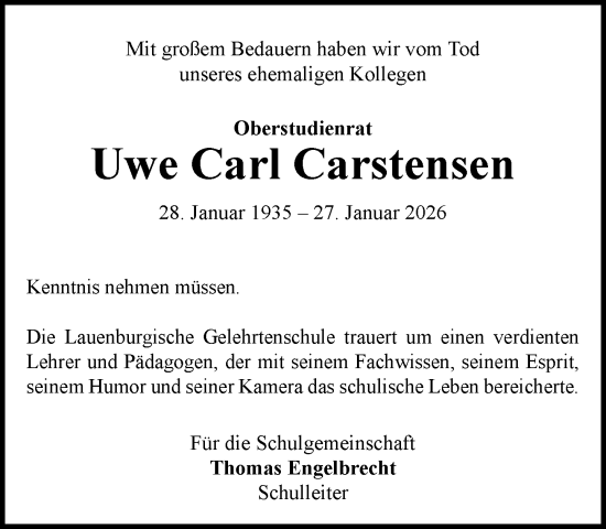 Traueranzeige von Uwe Carl Carstensen von MARKT Ratzeburg/Mölln