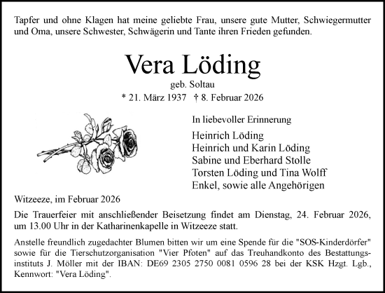 Traueranzeige von Vera Löding von Wochenend Anzeiger