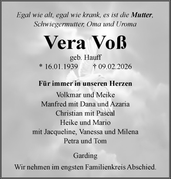 Traueranzeige von Vera Voß von Husumer Nachrichten, Nordfriesland Tageblatt