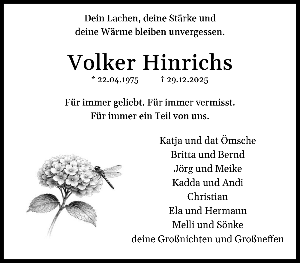  Traueranzeige für Volker Hinrichs vom 14.02.2026 aus Husumer Nachrichten, Nordfriesland Tageblatt