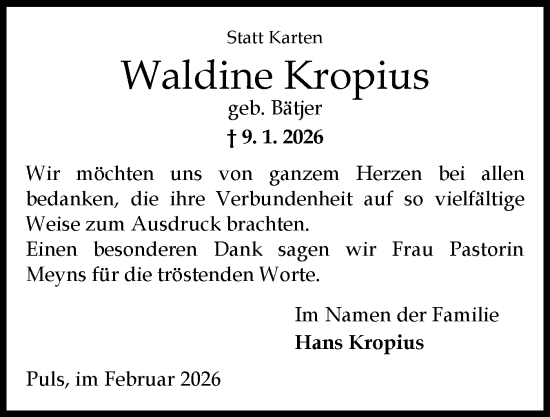Traueranzeige von Waldine Kropius von Norddeutsche Rundschau, Wilstersche Zeitung, Glückstädter Fortuna