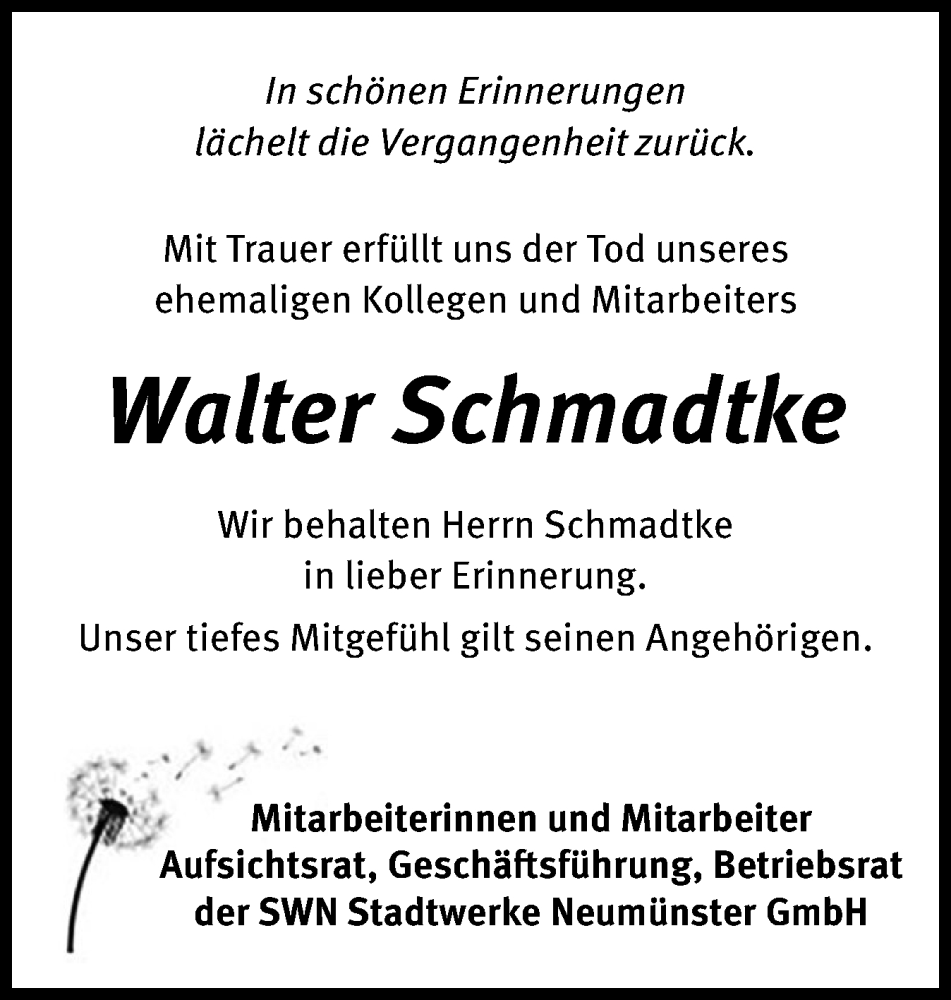  Traueranzeige für Walter Schmadtke vom 06.02.2026 aus Holsteinischer Courier