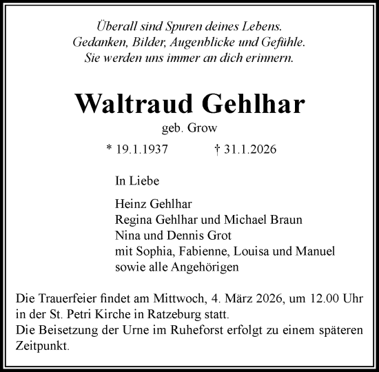 Traueranzeige von Waltraud Gehlhar von MARKT Ratzeburg/Mölln