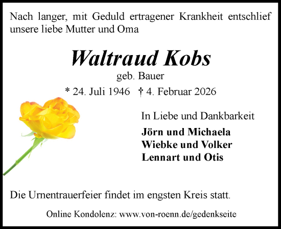 Traueranzeige von Waltraud Kobs von Flensburger Tageblatt