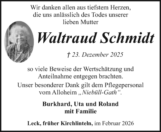 Traueranzeige von Waltraud Schmidt von Husumer Nachrichten, Nordfriesland Tageblatt