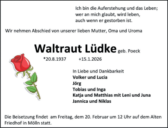 Traueranzeige von Waltraut Lüdke von MARKT Ratzeburg/Mölln