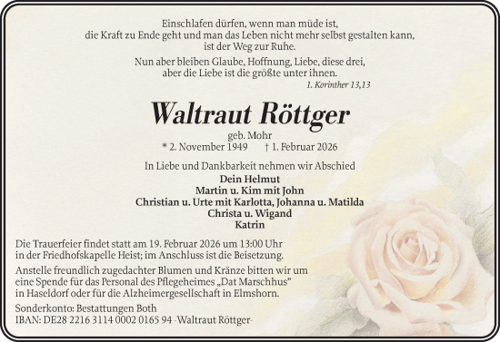 Traueranzeige von Waltraut Röttger von Uetersener Nachrichten, Der tip am Wochenende