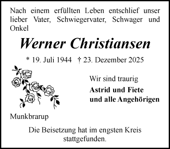 Traueranzeige von Werner Christiansen von Flensburger Tageblatt