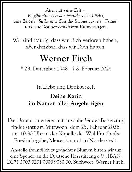 Traueranzeige von Werner Firch von Heimatspiegel