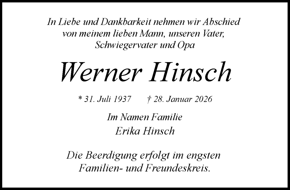  Traueranzeige für Werner Hinsch vom 07.02.2026 aus MARKT Glinde/Reinfeld