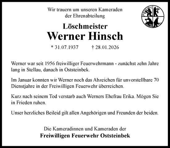 Traueranzeige von Werner Hinsch von MARKT Glinde/Reinbek