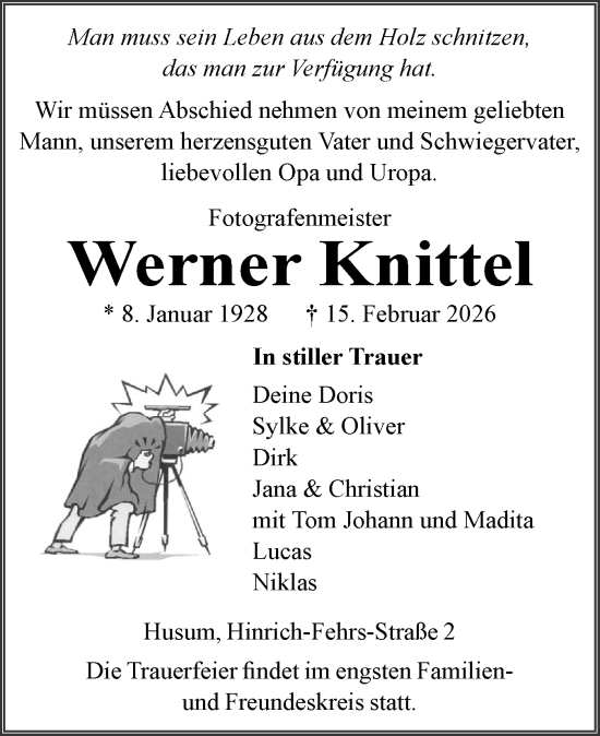 Traueranzeige von Werner Knittel von Husumer Nachrichten, Nordfriesland Tageblatt