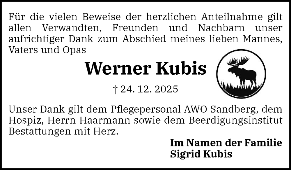  Traueranzeige für Werner Kubis vom 24.01.2026 aus Flensburger Tageblatt