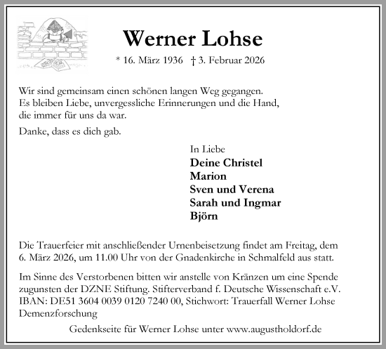 Traueranzeige von Werner Lohse von Umschau