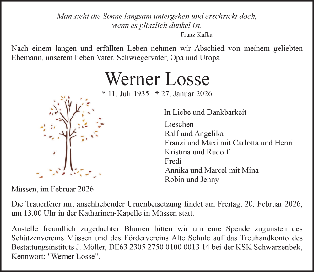  Traueranzeige für Werner Losse vom 07.02.2026 aus Wochenend Anzeiger