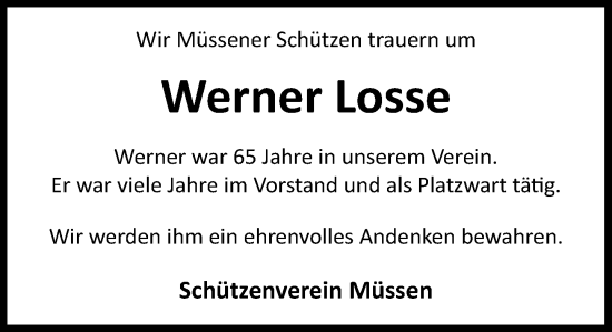 Traueranzeige von Werner Losse von Wochenend Anzeiger